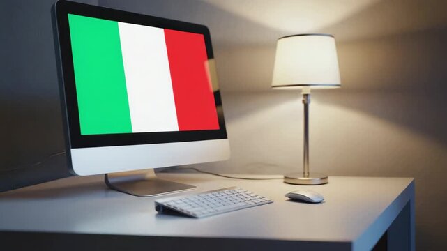 A modern office desk with a computer displaying the Italian flag. A lamp provides soft lighting, creating a professional atmosphere for remote work and international business.