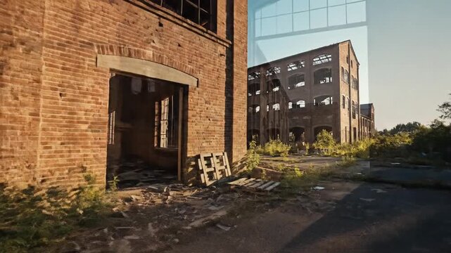 An abandoned industrial area features old brick buildings, broken paths, and discarded items in a quiet setting. The sun casts shadows, highlighting the wear and history of the location.