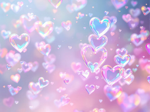 Bubble soap bubbles in a heart shape scattered in a soft-focus background.	