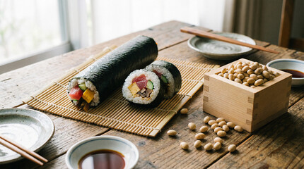 木製テーブルの上の恵方巻と升に入った福豆