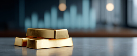 Stack of three gold bars on reflective surface with blurred financial chart background symbolizing wealth and investment