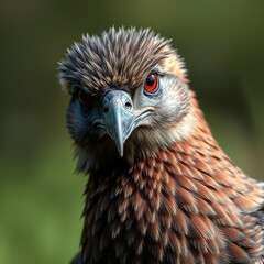 Fototapeta premium Intense close up portrait of a majestic Philippine eagle featuring strikingly bright red eyes and textured brown plumage against a soft green background