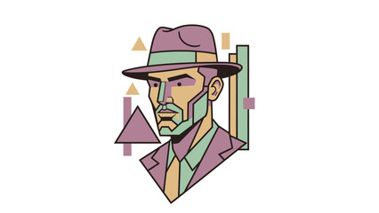 Stylish man in hat, geometric art, modern portrait, colorful illustration, digital design, artistic expression.