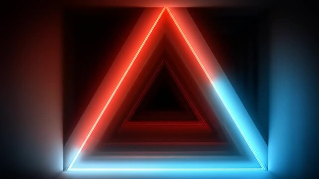 Neon-lit, layered triangles radiate red and blue light within a darkened, enclosed space