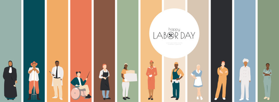 Happy Labor Day banner. People of different professions together. 