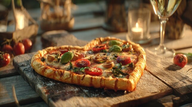 A heart-shaped pizza topped with fresh ingredients, set on a rustic wooden table with a glass of wine, 8k, realistic, full ultra HD, high resolution, cinematic photography