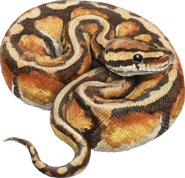 a curled ball python with intricate patterns and striking orange brown and yellow coloration