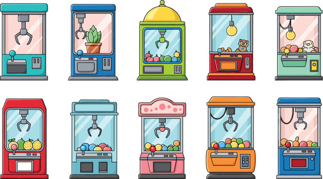 Cute claw machine arcade vector illustration set with colorful prize vending machines and playful cartoon style