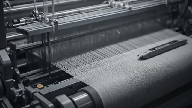 Close-up of a weaving machine in operation, creating fabric with intricate patterns and textures.