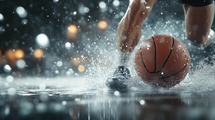 Close up of basketball player dribbling on wet court with dramatic water splashes and cinematic lighting.
