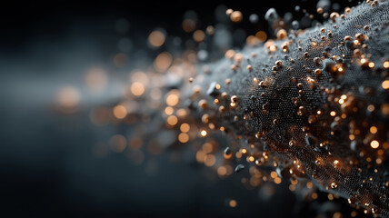 Futuristic abstraction depicting a dark porous surface sprinkled with glowing golden spheres and particles. The concept of nanotechnologies, modern materials and digital energy.