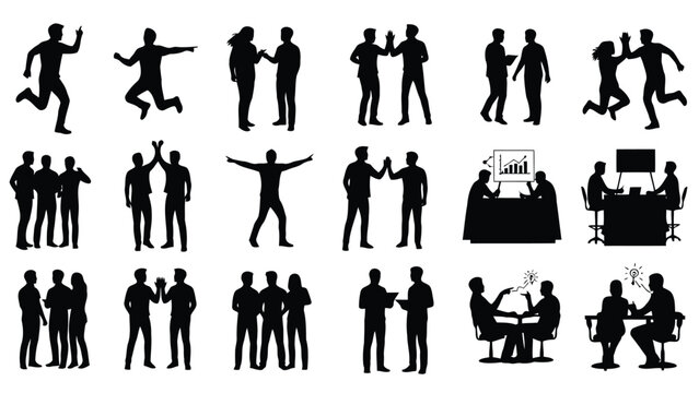 Collection of business people in various actions and interactions in silhouette style isolated on white background - Powered by Adobe