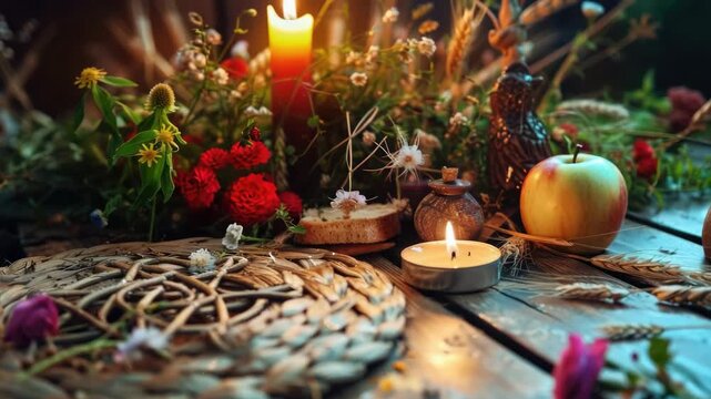 A rustic autumn-themed table centerpiece with candles and flowers.