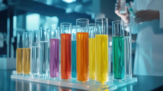 A lab filled with different colored chemicals in test tubes.