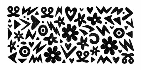 a chaotic arrangement of various black shapes and symbols against a white background