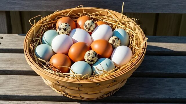 Colorful decorative eggs in a basket with straw on wooden table  