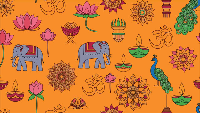 Indian Festival Seamless Pattern Vector with Elephants, Lotuses, and Om Symbols