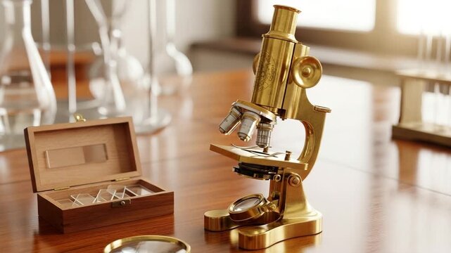 Vintage brass microscope placed on wooden table with glass slides  