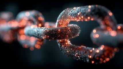 Abstract glowing chain consisting of digital particles on a dark background. Futuristic concept of blockchain, data security and reliable network connections in the IT sphere.