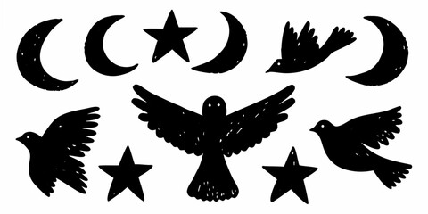 black silhouette icons of stars birds moons and a phoenix against a white background