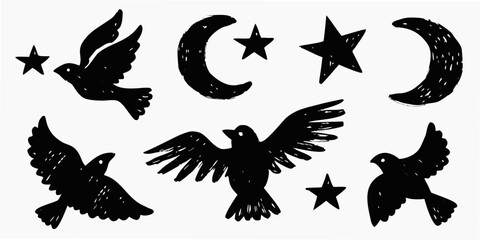 Obraz premium black silhouettes of birds stars and crescent moons arranged in a whimsical pattern