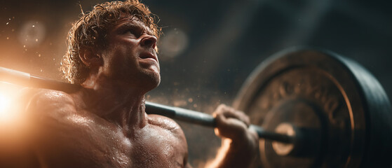 Dramatic close-up of a weightlifter performing a barbell squat. Effective side lighting emphasizes tension, drops of sweat and maximum concentration during training
