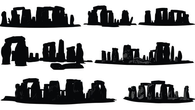 Stonehenge monument silhouettes in various orientations and configurations isolated on white background