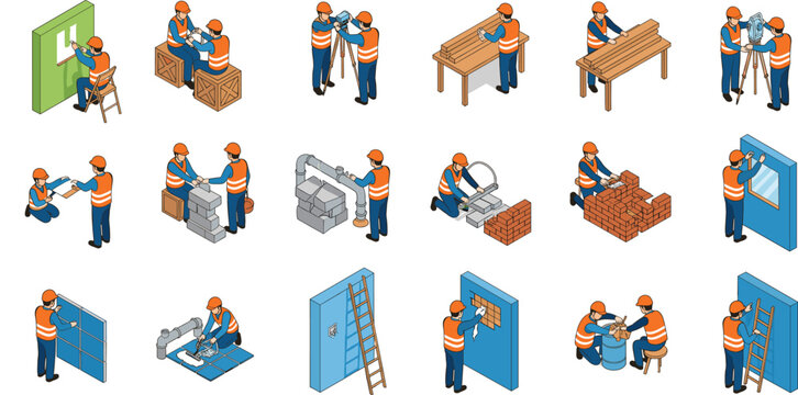 Construction Worker Isometric Vector Set Showing Builders Performing Installation, Repair, Assembly, and Maintenance Tasks for Industrial and Building Project Designs