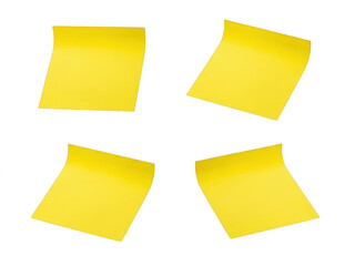 Four yellow sticky notes isolated on transparent background