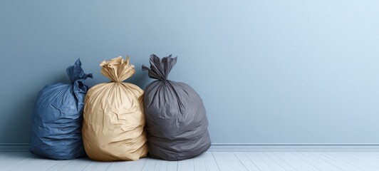The three garbage bags in muted pastel colors lined up against a blue wall
