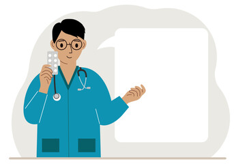 A male doctor holds pills in his hand. There is space for text next to it.