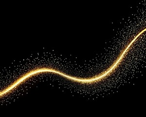 Flowing gold light wave with particles on black background