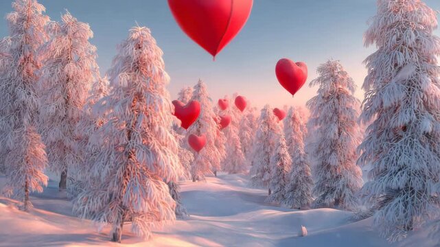 A red heart shaped hot air balloon flies over a frozen winter forest landscape with snowy trees and a blue sky on a cold valantine's day