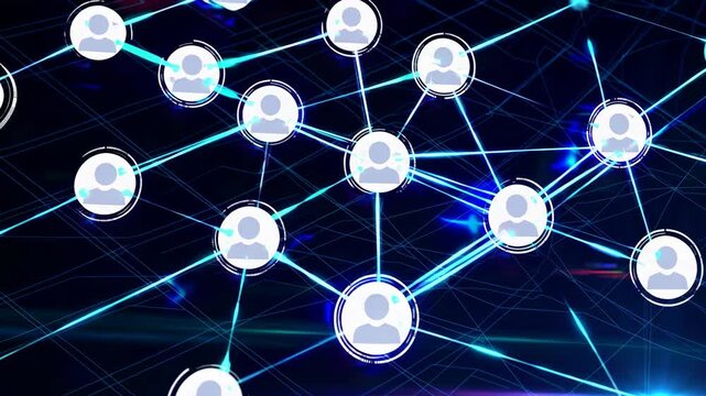 Network of interconnected user icons on a digital interface, representing modern communication, technology, and global connectivity. blue hues and light effects emphasize the digital and futuristic th