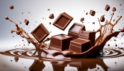 chocolate cubes splashing into a delightful pool of liquid chocolate