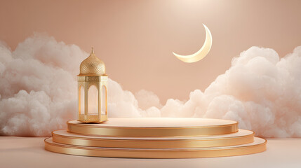 Golden crescent moon and ornate lantern on layered podium with soft clouds against beige background. Ideal for Eid greeting card