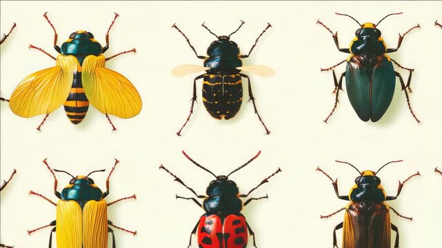 A collection of vibrant beetles with contrasting antennal colour. Macro showcases the intricate patterns on these exotic insects.