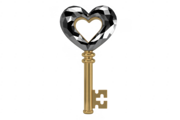 Heart Shaped Key gold crystal isolated on a transparent background