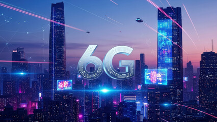 A futuristic cityscape illuminated by neon lights, showcasing 6G network wireless systems. Future technology and  innovation concept.