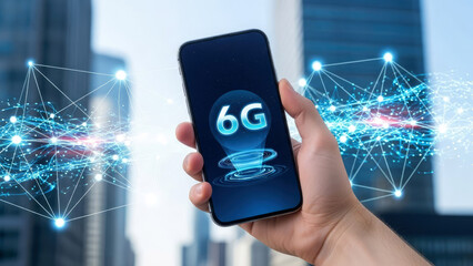 A hand holds a  smartphone displaying a glowing 6G emblem against a blurred neon city skyline at night. Future wireless tech, connectivity, and futuristic mobile evolution concept.