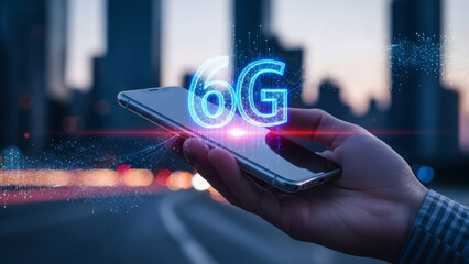A hand holds a  smartphone displaying a glowing 6G emblem against a blurred neon city skyline at night. Future wireless tech, connectivity, and futuristic mobile evolution concept.