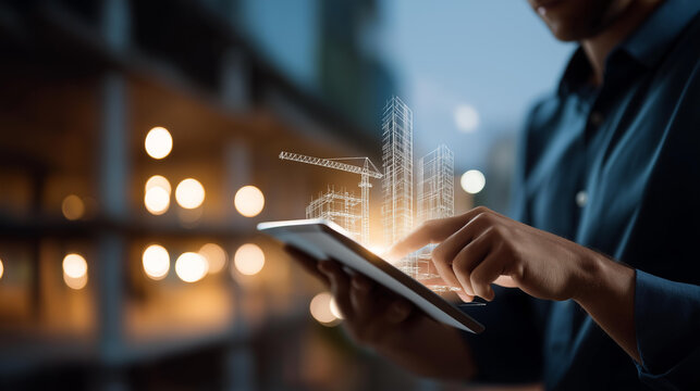 Building information modeling technology concept, faceless businessman using tablet, virtual icons construction planning, architectural design, digital engineering, defocused