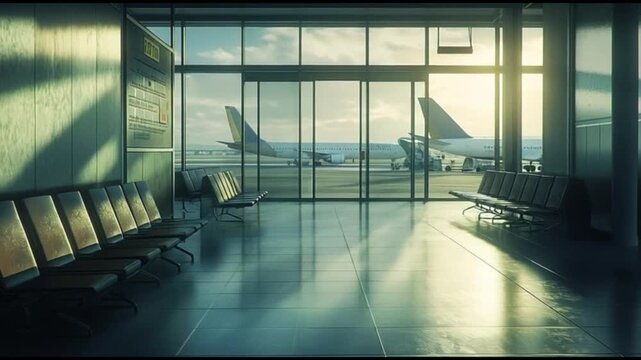 Empty airport terminal with sunlight streaming through large windows, rows of empty seats, modern seating, airplanes parked outside runway, peaceful travel and air transport atmosphere, window view