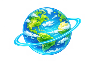 Earth globe featuring green continents, blue oceans, white clouds, and a glowing ring. Transparent background