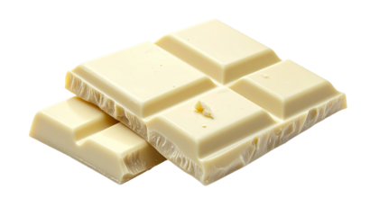 Delicious broken white chocolate bar pieces and crumbs close-up. Sweet creamy dessert ingredient for confectionery, isolated on a transparent background for easy compositing in graphic design.