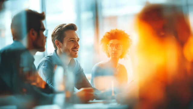 Cinematic lens flare and bokeh frame a candid collaboration within a modern office startup team