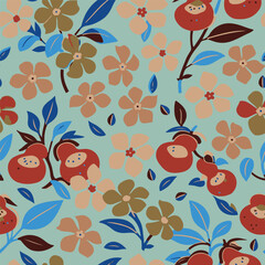 Elegant botanical seamless pattern featuring vibrant slipper flowers and periwinkle blooms. Perfect for luxury textiles, fashion, and home decor.