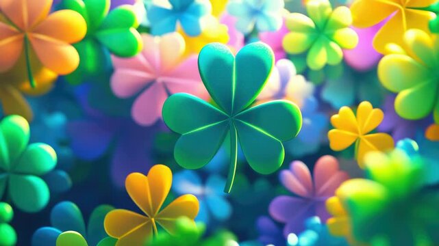 Vibrant and colorful of four-leaf clovers with a soft focus in the background, creating an enchanting magical forest effect.