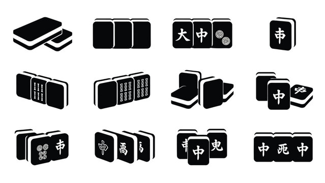 Black Mahjong tiles flat design icons set isolated on white background