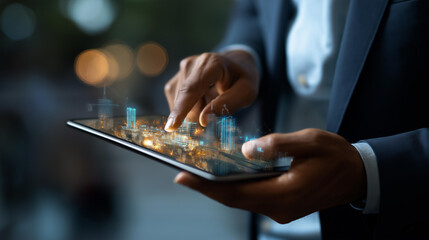 Building information modeling on virtual screen, construction technology, architectural planning, digital design, engineering visualization, project management, defocused